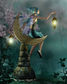 Fairy sitting on crescent moon holding lantern | 123RF Stock Photo by urda
